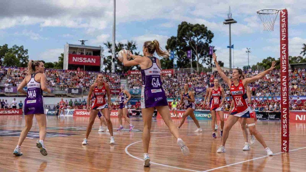diagram of netball court with players and measurement